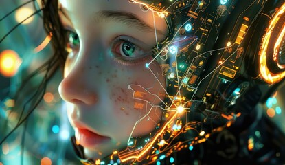 Sticker - futuristic girl in space with an electronic body and futuristic robot lights,rough-edged 2d animation, realistic hyper-detailed portraits