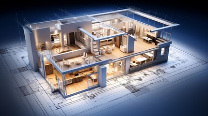 Poster - vision of architecture of a 3d model house project with blueprint