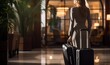 Rear view of young woman with luggage in hotel lobby. Travel concept. Travel and business concept. with copy space. 