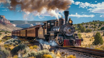 Poster - Vintage steam engine train traveling on train tracks. Suitable for transportation and travel concepts