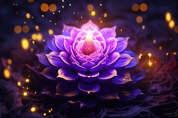 Poster - A beautiful purple flower surrounded by glowing fireflies. Perfect for nature and magical themed projects