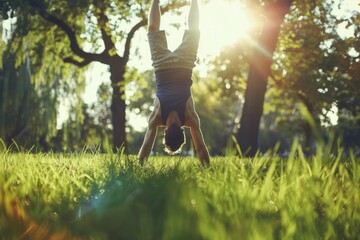 Wall Mural - Person doing a handstand in the grass, perfect for fitness or outdoor activities concept