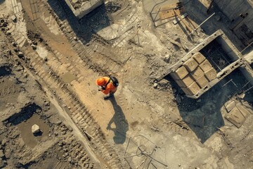 Poster - Aerial view of a construction worker on a construction site. Ideal for construction industry concepts