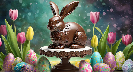 Wall Mural - Eyecatching Easter still life with cake, homemade cookies, decorative figurine of rabbit