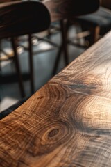 Poster - Close up of a wooden table with chairs in the background. Suitable for interior design concepts