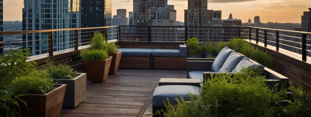 Wall Mural - Urban rooftop garden with modern planters, lounge seating, and greenery.