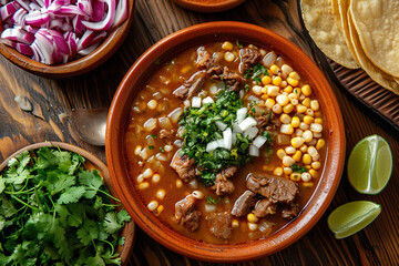 Wall Mural - A plate of pozole, a traditional Mexican soup made with hominy (dried corn kernels), meat (usually pork), and chili peppers