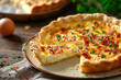 A plate of quiche Lorraine, a savory tart made with eggs, cream, bacon, and cheese