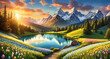 Amazing Easter landscape with easter eggs and flowers on mountain background