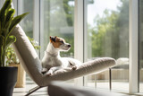 Fototapeta Londyn - Cute little dog resting on the bed in a bright living room