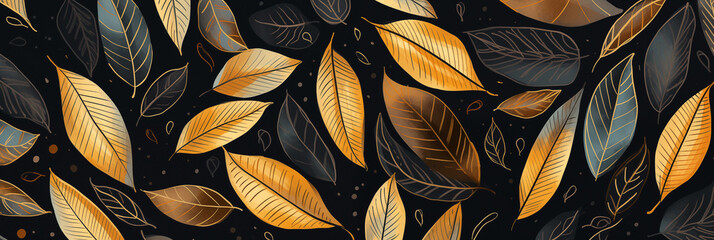 Wall Mural - Elegant golden and blue leaf banner on black background. Panoramic web header. Wide screen wallpaper