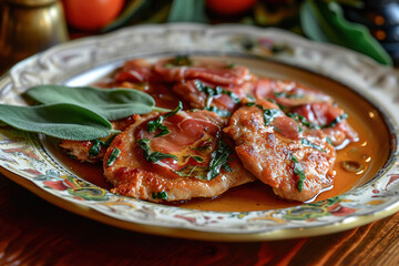 Wall Mural - A plate of saltimbocca alla romana, a classic Roman dish made with veal cutlets, prosciutto, and sage.