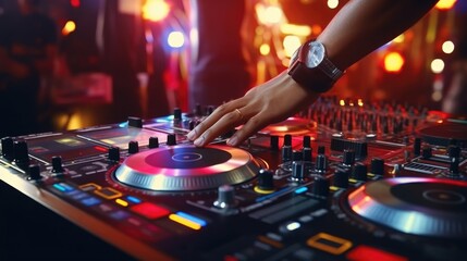 Poster - A DJ mixing a track in a lively nightclub. Perfect for music industry promotions
