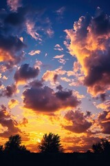 Poster - A serene sunset with clouds and trees in the foreground. Suitable for nature and landscape themes
