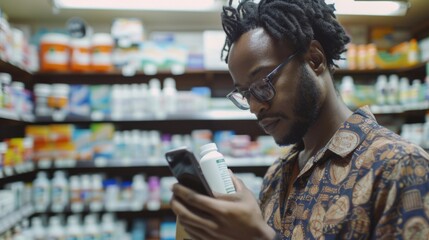 Aufkleber - A man checking his phone in a retail store. Suitable for technology and retail concepts