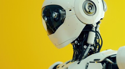 Wall Mural - Close-up shot of a robot's head on a vibrant yellow background. Ideal for technology and futuristic concepts