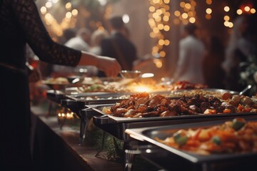 Poster - A variety of food trays on a buffet table. Suitable for catering and event planning