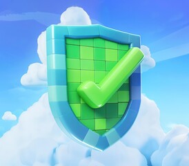 Fototapete - a green cloudshaped shield with a checkmark on it, in the style of playful animation, a 3d rendered blue rounded square button, playful and colourful and bubbly