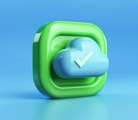 Fototapete - a green cloudshaped shield with a checkmark on it, in the style of playful animation, a 3d rendered blue rounded square button, playful and colourful and bubbly