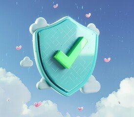 Fototapete - a green cloudshaped shield with a checkmark on it, in the style of playful animation, a 3d rendered blue rounded square button, playful and colourful and bubbly
