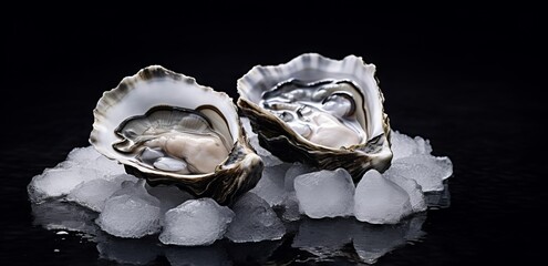  Fresh oysters on ice on a black background.