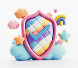 Fototapete - a shield with a check mark in the clouded sky, isolated white background, a 3d rendered blue rounded square button, playful and colourful and bubbly