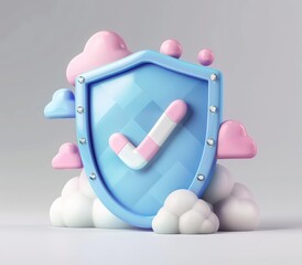Fototapete - a shield with a check mark in the clouded sky, isolated white background, a 3d rendered blue rounded square button, playful and colourful and bubbly