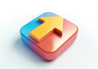 Fototapete - a small growing arrow is shown isolated, white background, a 3d rendered rounded square button, playful and colourful
