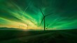  Wind Turbines under the Northern Lights in a Richly Colored Sky Wind turbines generating renewable energy in a vast field under the blue sky.