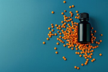Wall Mural - Bottle filled with orange pills on a blue background. Ideal for medical or pharmaceutical concepts
