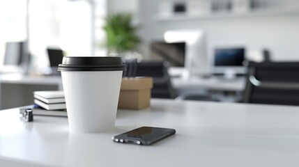Poster - A cup of coffee and a cell phone on a table. Suitable for technology and lifestyle concepts