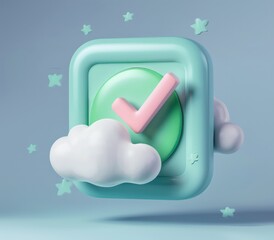 Fototapete - green shield with a dotted check mark on cloud,a 3d rendered blue rounded square button, playful and colourful and bubbly pixelated