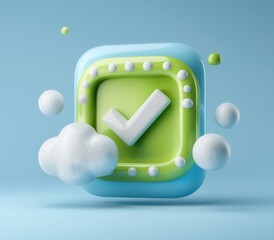 Fototapete - green shield with a dotted check mark on cloud,a 3d rendered blue rounded square button, playful and colourful and bubbly pixelated