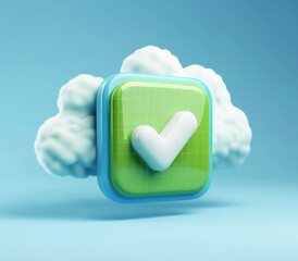 Fototapete - green shield with a dotted check mark on cloud,a 3d rendered blue rounded square button, playful and colourful and bubbly pixelated