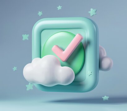 green shield with a dotted check mark on cloud,a 3d rendered blue rounded square button, playful and colourful and bubbly pixelated