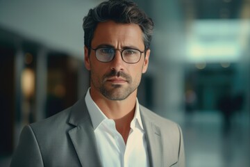 Poster - A man in a suit and glasses looking at the camera. Suitable for business and corporate concepts