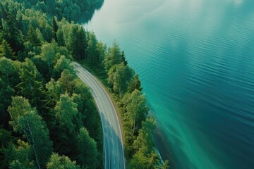 Poster - Aerial view of a road next to a body of water. Suitable for travel and transportation concepts