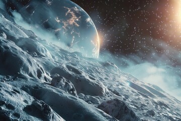 Poster - A unique perspective of a planet seen from a rocky terrain. Ideal for educational or scientific projects