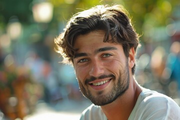 Aufkleber - A man with a beard smiling at the camera. Suitable for various commercial and personal projects