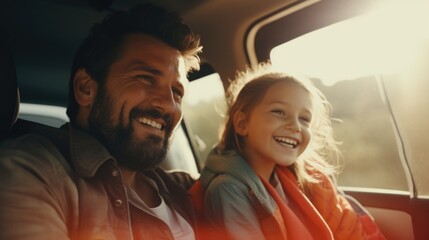 Poster - A man and a little girl sitting together in a car. Suitable for family, travel concepts