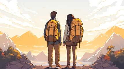 Aufkleber - A couple of people standing on top of a mountain. Suitable for outdoor and adventure themes