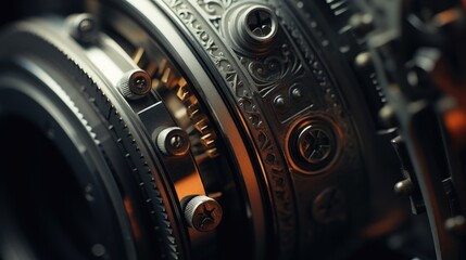 Poster - Detailed view of a metal object with gears. Suitable for industrial concepts