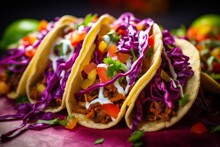 Detailed Close-up Photography Of An Hearty Tacos On A Marble Slab Against A Colorful Tile Background. AI Generation