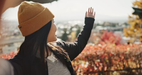 Poster - Selfie, travel and face of Japanese woman in nature for holiday, vacation and adventure in Japan. City, happy and portrait of person recording video for social media post, memories and online blog