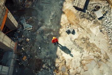 Poster - A person wearing a red jacket standing on a construction site. Suitable for illustrating construction or outdoor work themes