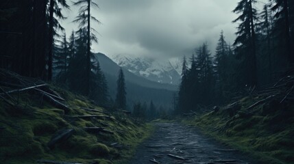 Poster - A dark forest filled with lots of trees. Suitable for nature and outdoor themes