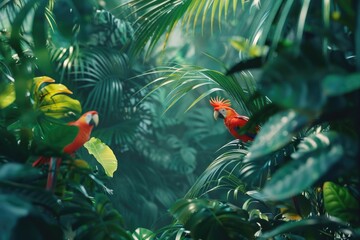 Poster - Two vibrant red parrots perched in a dense green forest. Suitable for nature and wildlife themes