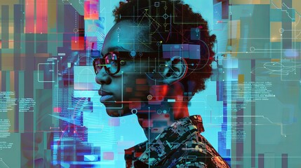 Artificial intelligence threat depiction, IT specialist of African American descent, and artificial intelligence collage