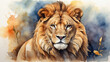 Watercolor portrait of a majestic lion in a savannah setting. Animal-themed artwork.