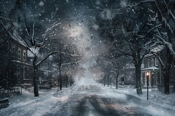 Poster - Snowy street at night with a glowing street light. Perfect for winter themes and urban landscapes